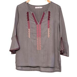 Billy T Blue Chambray Embroidered Flared‎ 3/4 Sleeve Tunic Top Small Spring